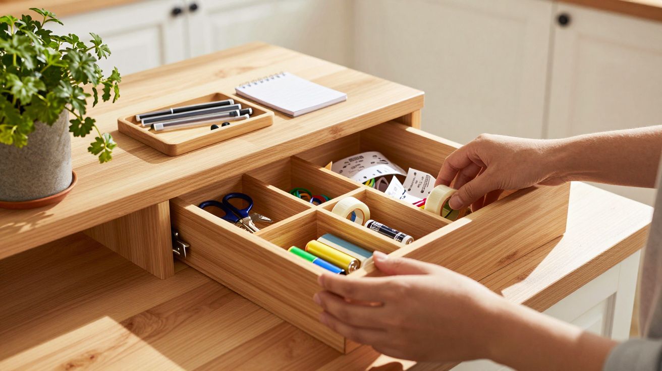 Persona organizando un cajón de madera con artículos de oficina.