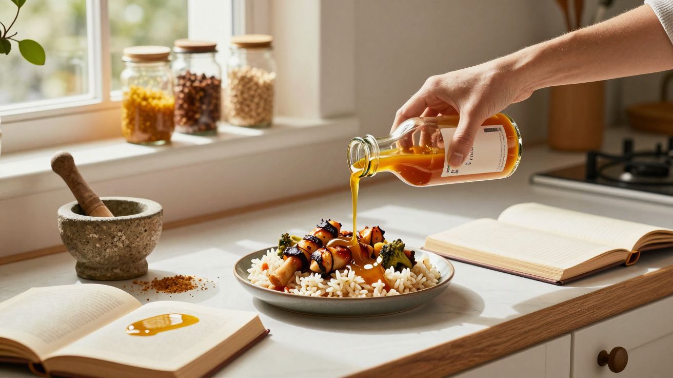 Mano vertiendo salsa sobre un plato de arroz y vegetales en una cocina iluminada con libros abiertos en la encimera.