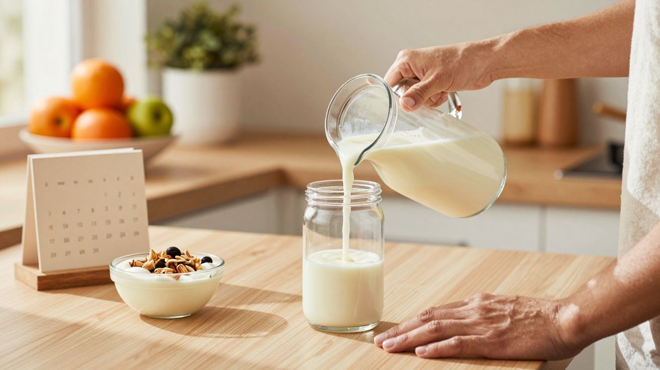 Persona vertiendo leche en un tarro en una cocina, con un bol de frutos secos y un calendario sobre la mesa.