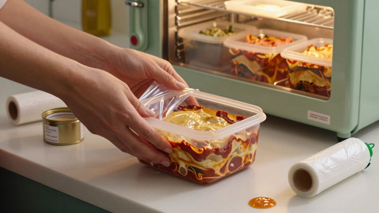 Persona preparando lasaña en un táper antes de meterla en un horno de sobremesa junto a otro recipiente similar.
