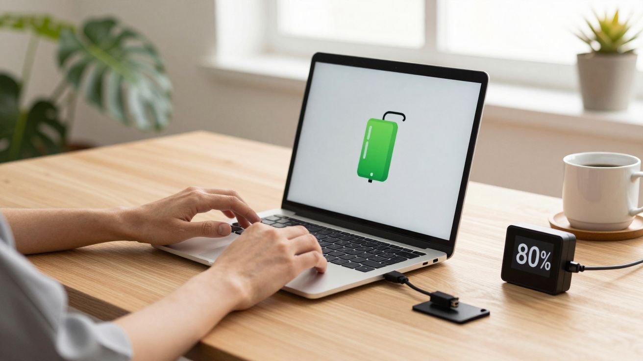 Persona usando portátil con icono de maleta en pantalla, cable conectado a un medidor de batería que muestra 80%, taza al fon