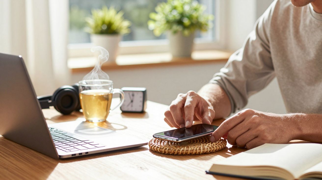 Persona usando un smartphone en una mesa con portátil, té, auriculares, bloc de notas y planta al fondo.