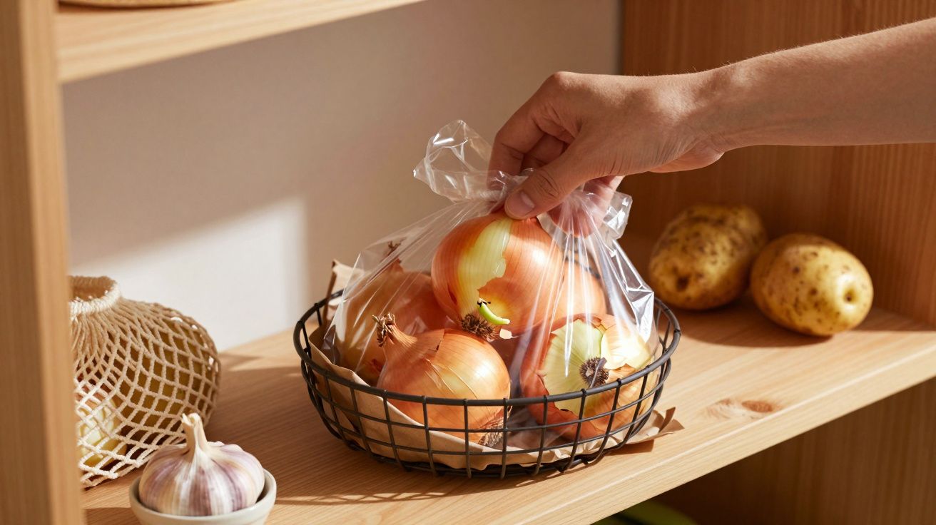 Mano sosteniendo una bolsa de cebollas en un estante de madera junto a una cesta de ajos y unas patatas.