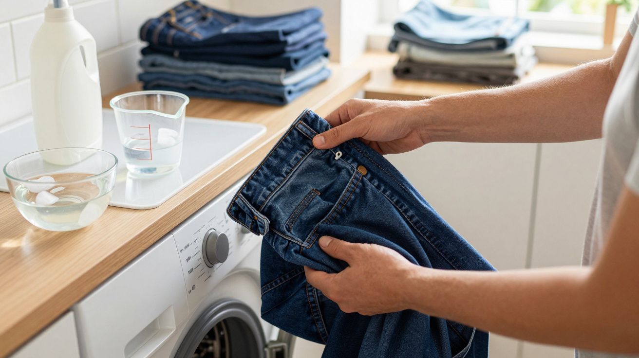 Persona sosteniendo vaqueros frente a una lavadora, con detergente y ropa doblada sobre una encimera de madera.
