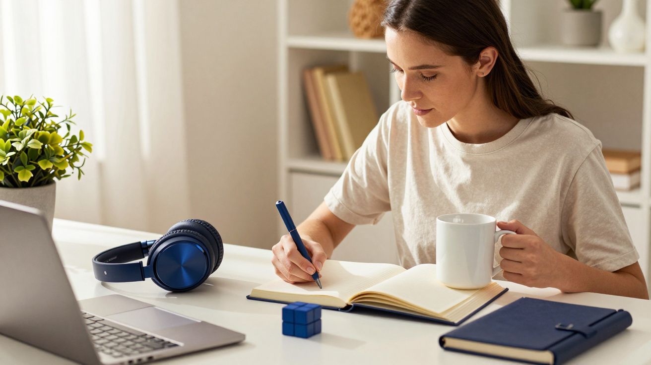 Mujer escribiendo en un cuaderno con una taza de café, auriculares y portátil en la mesa, luz natural entra por la ventana.