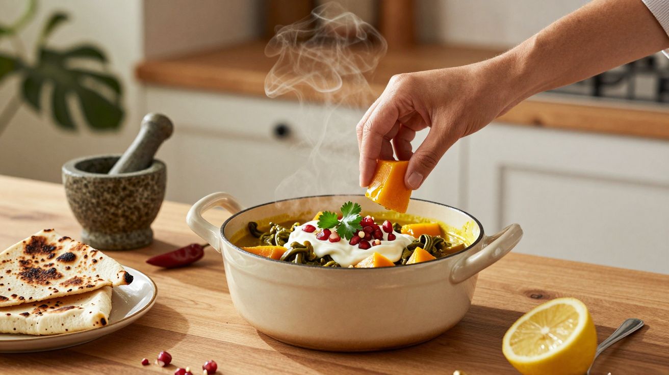 Mano añadiendo calabaza a un guiso humeante en una cocina, junto a un mortero, pan plano y limón cortado.