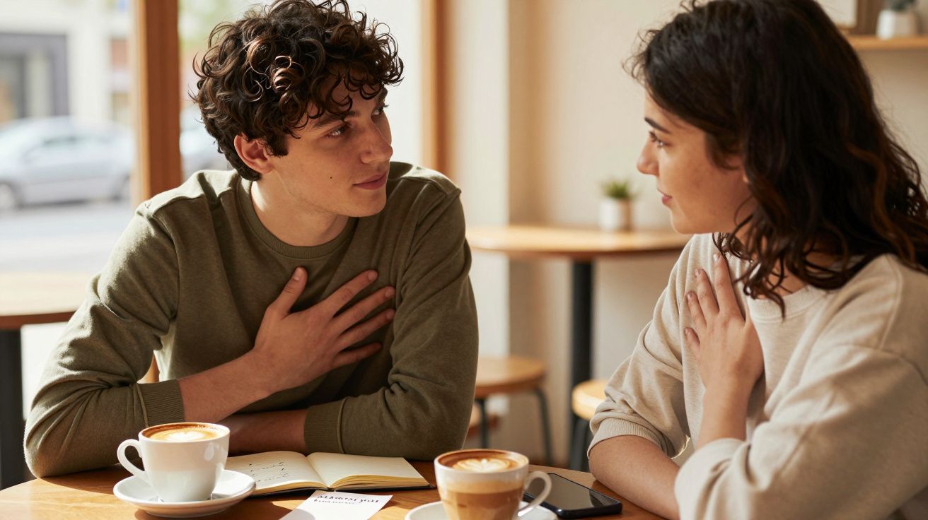 Dos personas charlando en una cafetería, con bebidas y un cuaderno sobre la mesa.