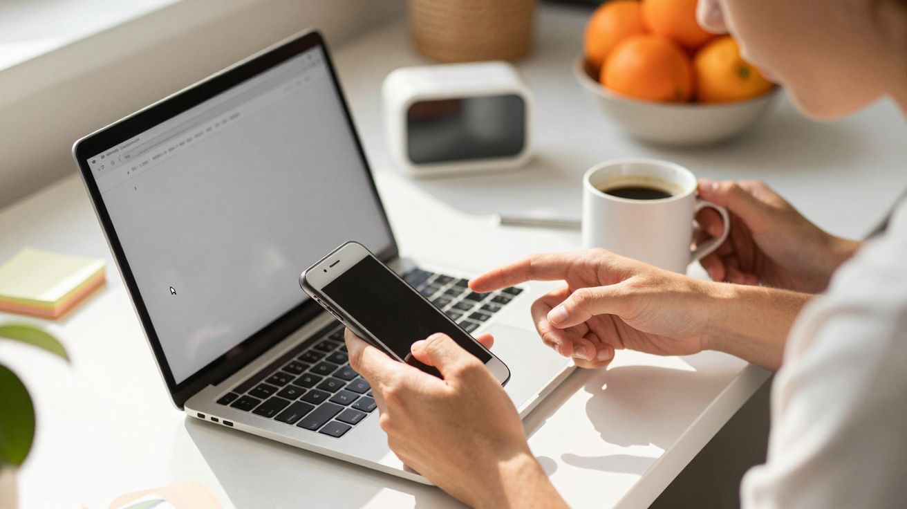 Persona usando un portátil y un móvil en una mesa blanca, con una taza de café y naranjas de fondo.