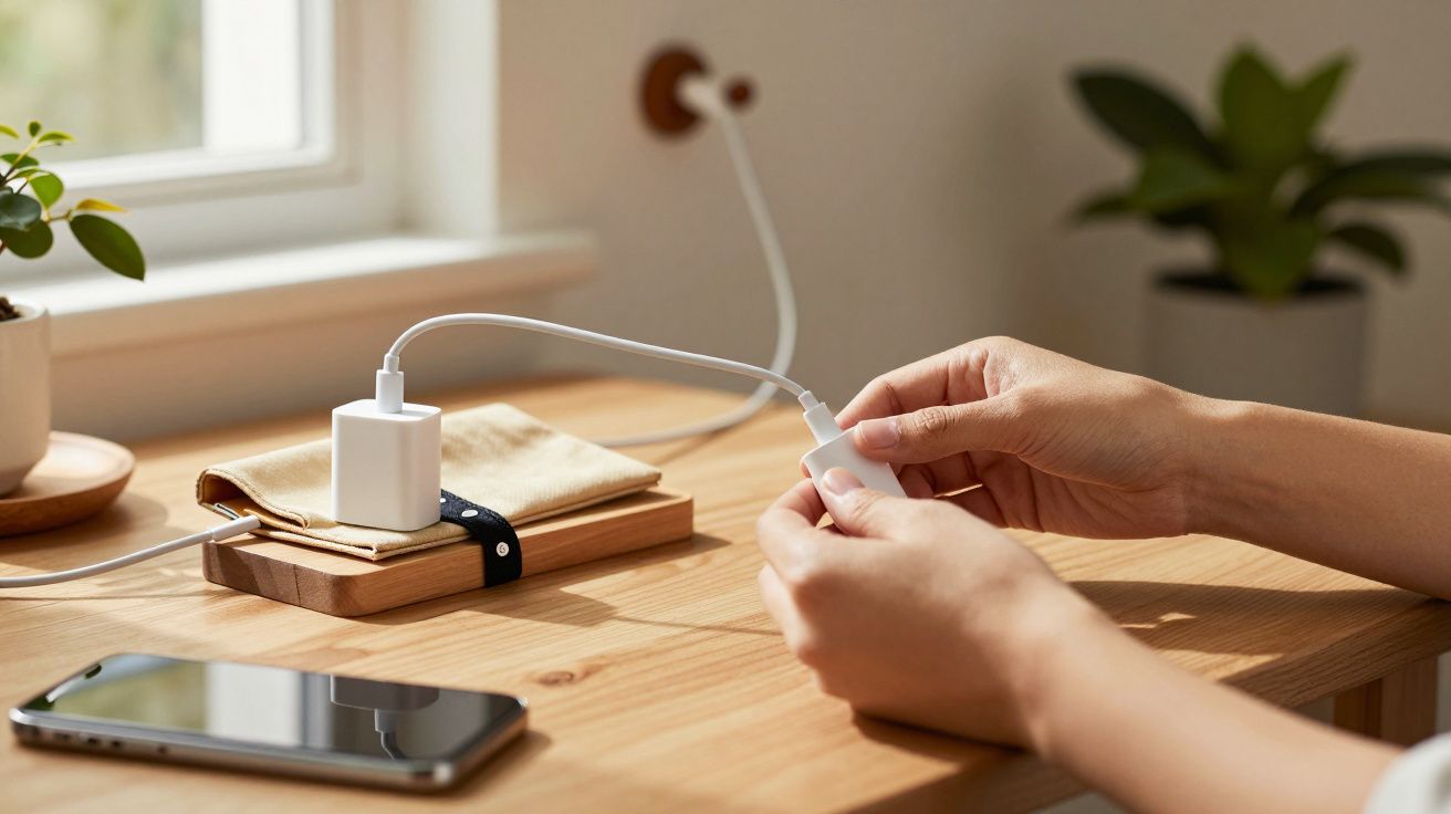 Manos conectando un cable a un cargador en una mesa de madera, junto a un móvil y una planta.