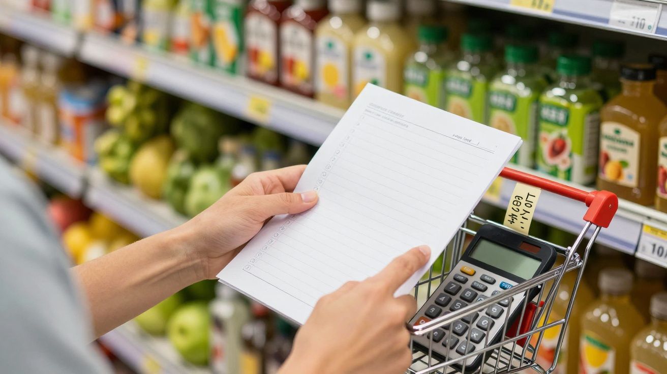 Manos sosteniendo una lista de compras y calculadora en el pasillo de un supermercado con botellas y frutas al fondo.