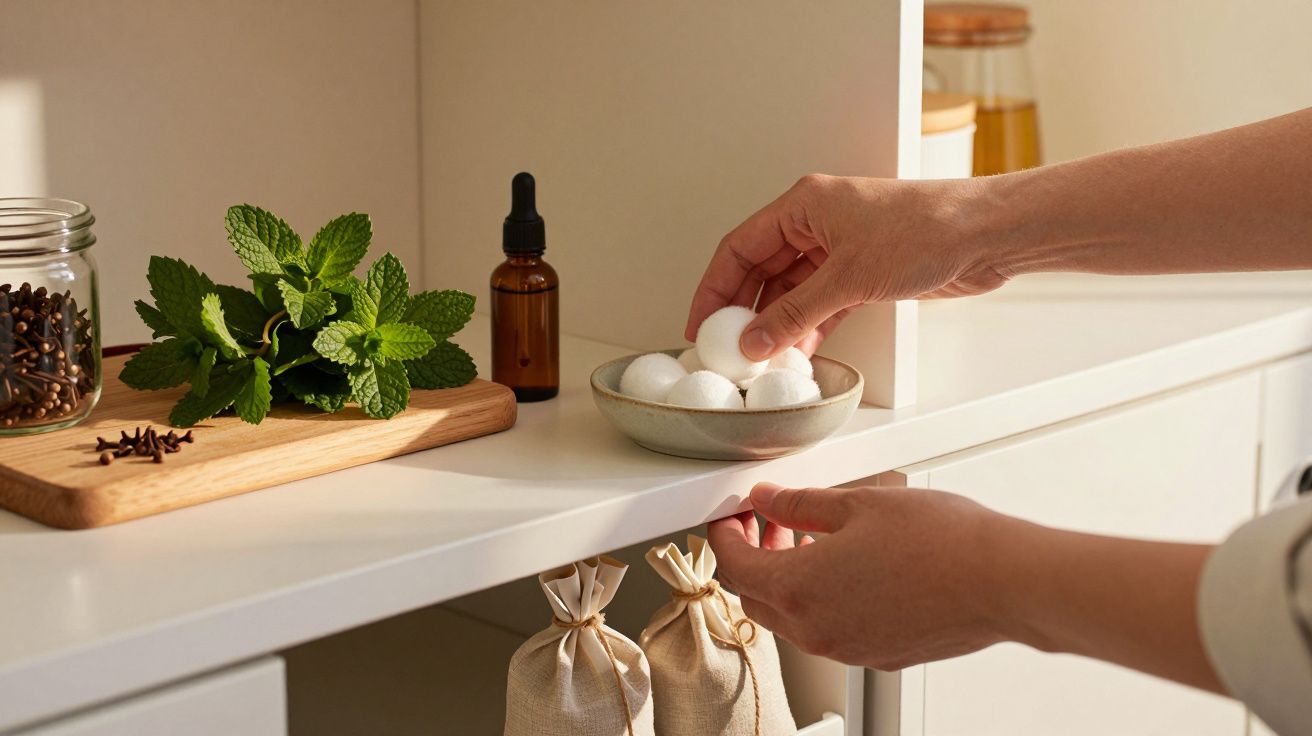 Manos colocando bolas de algodón en un plato, junto a una tabla con hojas de menta, un frasco y botellas en un estante blanco