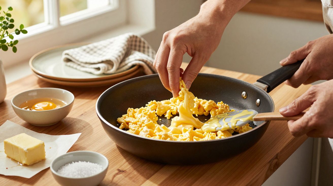 Mano cocinando huevos revueltos en una sartén sobre una mesa de madera, junto a ingredientes y platos.