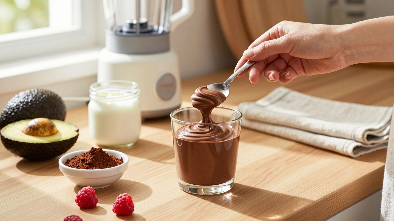 Mano sosteniendo cuchara de mousse de chocolate en vaso, junto a aguacate, frambuesas y cacao en encimera de cocina.