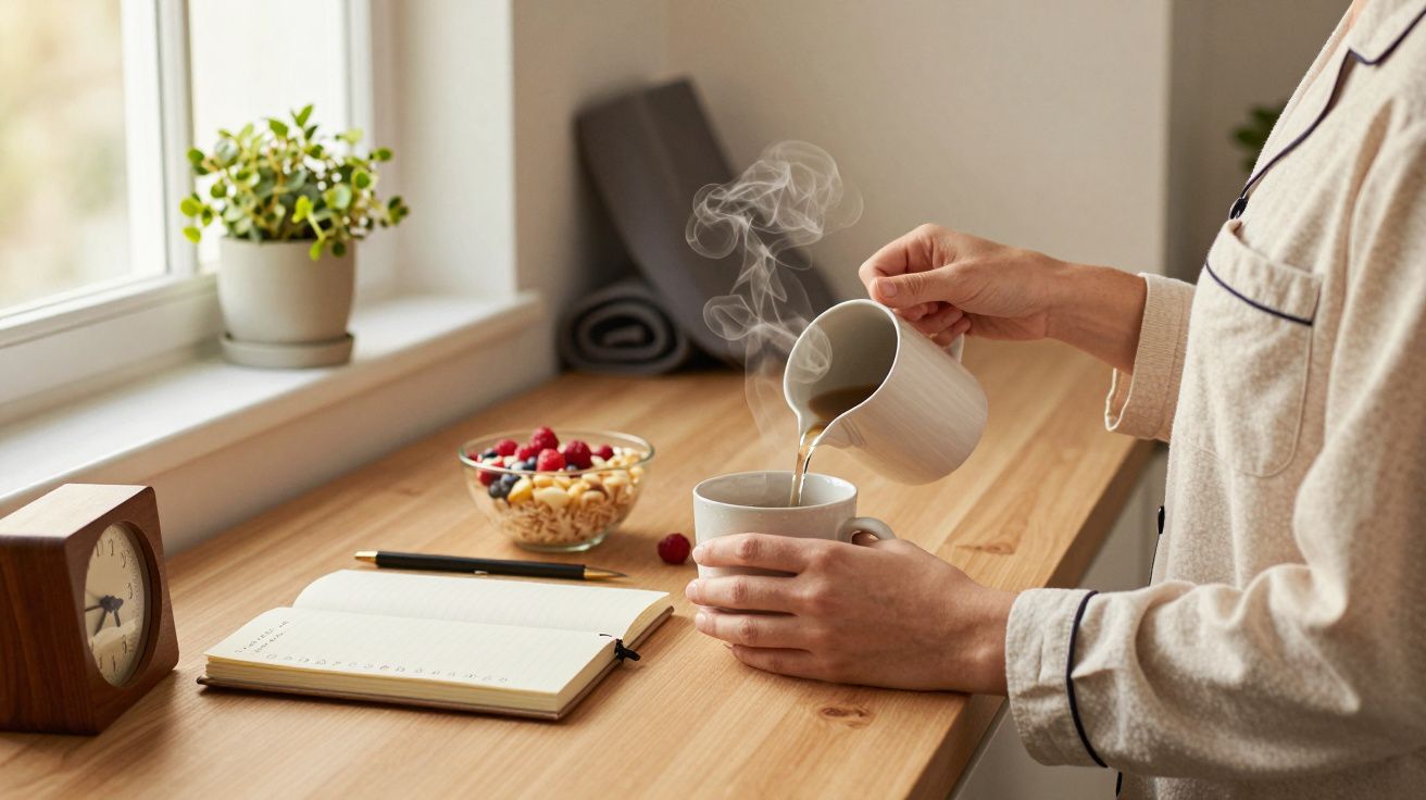 Persona en pijama sirviendo té caliente junto a un cuaderno, un reloj y un bol de fruta en una mesa de madera.