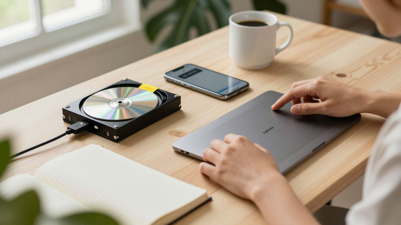 Persona usando un portátil en un escritorio con un móvil, taza de café, disco duro externo y cuaderno.
