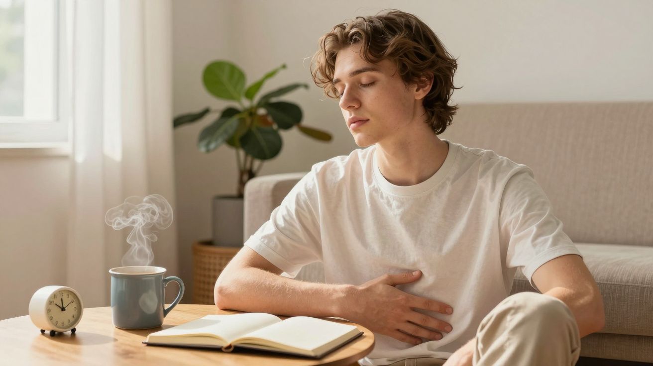 Joven meditando con una mano en el pecho, junto a una taza humeante y un cuaderno abierto en una mesa.