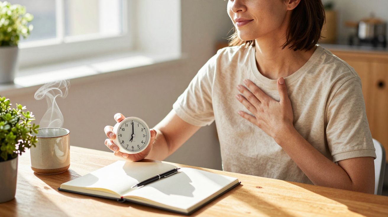 Mujer sentada con reloj de mano junto a taza humeante y cuaderno abierto sobre una mesa de madera.