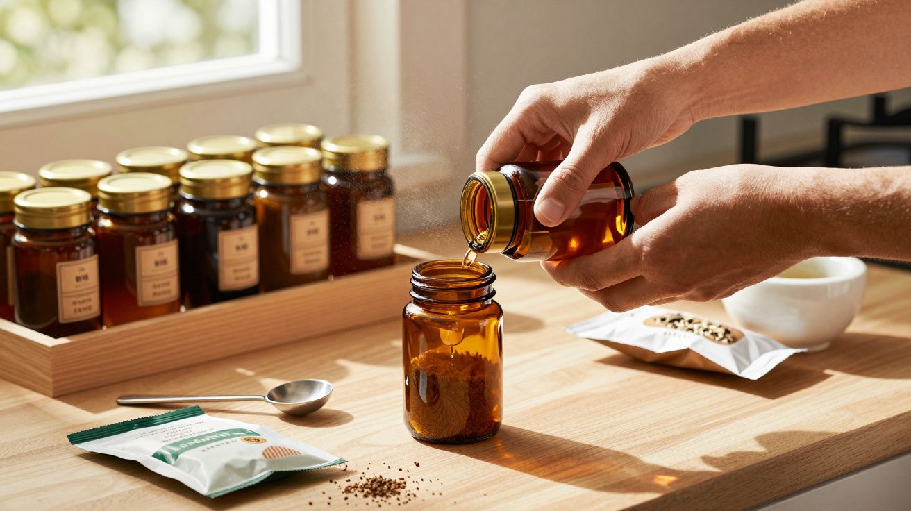 Manos vertiendo polvo en un frasco de vidrio ámbar, rodeado de tarros similares y utensilios de cocina sobre una mesa de made
