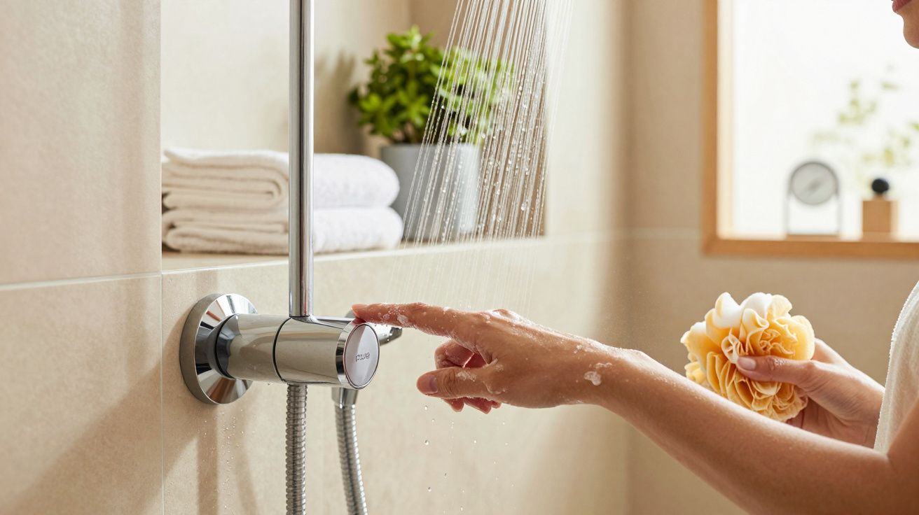 Mano ajusta la temperatura de la ducha mientras sostiene una esponja, con toallas y plantas de fondo en el baño.