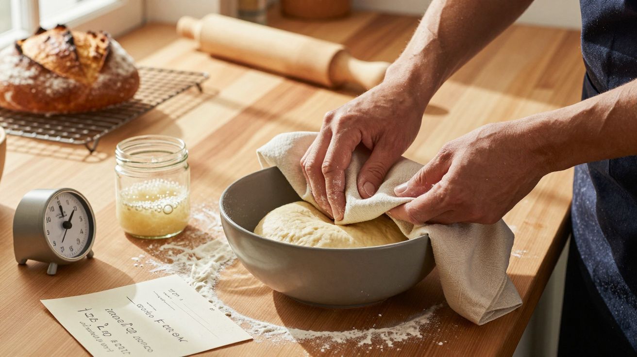 Manos cubriendo masa en un bol con un paño, cerca de un reloj de cocina, un tarro y pan en una mesa de madera.