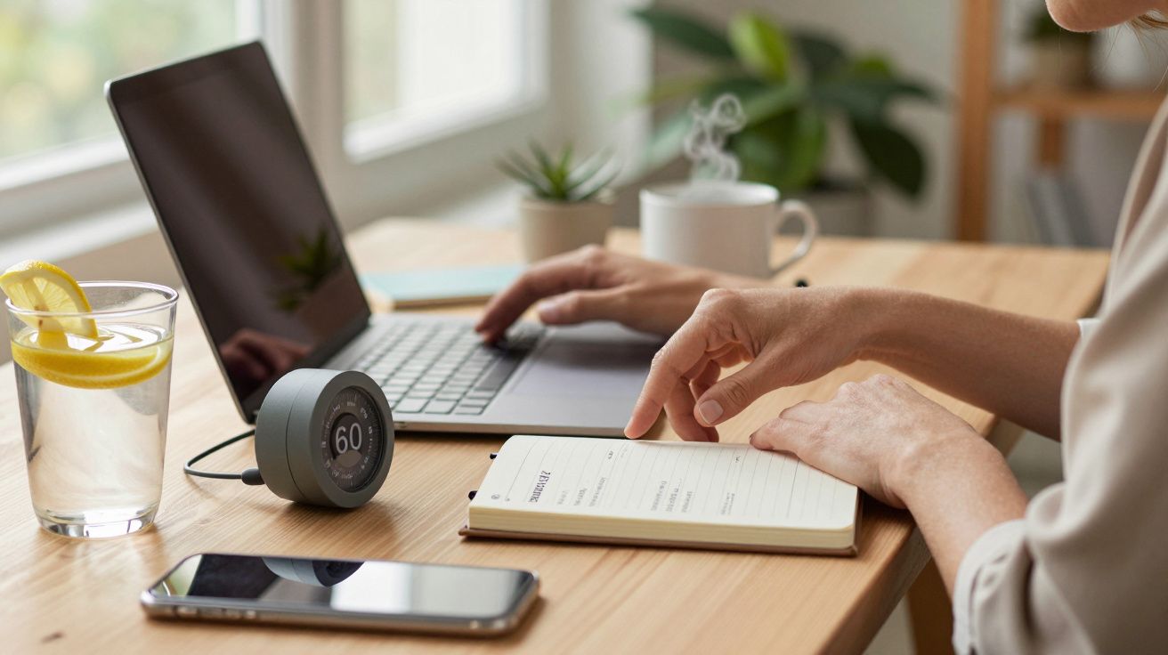 Persona trabajando en un portátil con una libreta, teléfono, agua con limón y un dispositivo redondo en una mesa de madera.