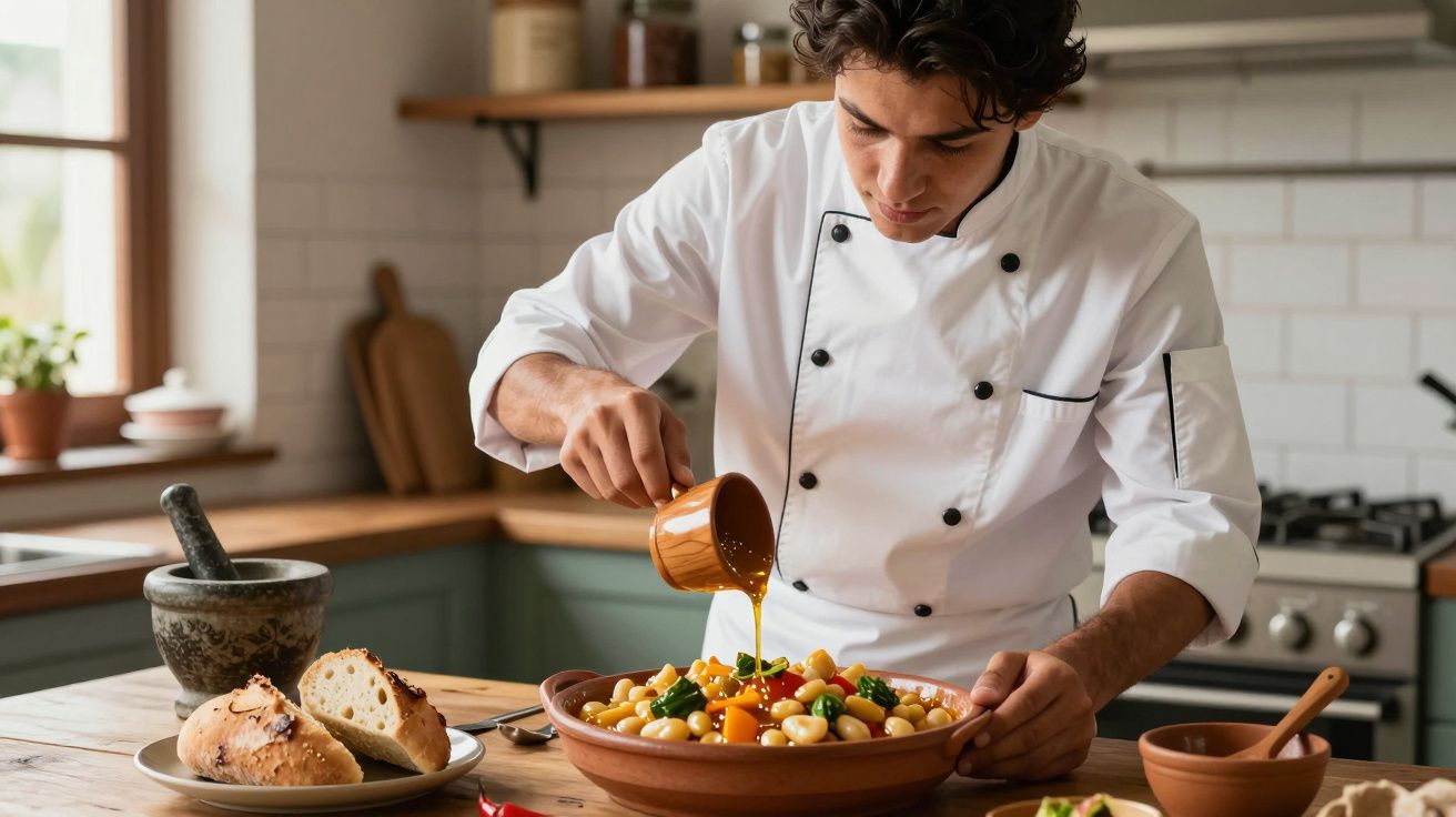Chef aliñando una ensalada de pasta con aceite de oliva en una cocina rústica. Pan fresco sobre la mesa.