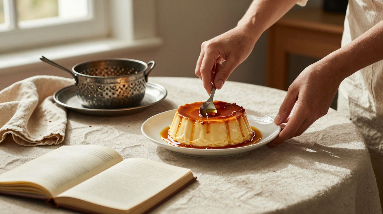 Persona sirviendo flan con cuchara en un plato sobre mesa, al lado de un libro abierto y un colador metálico.