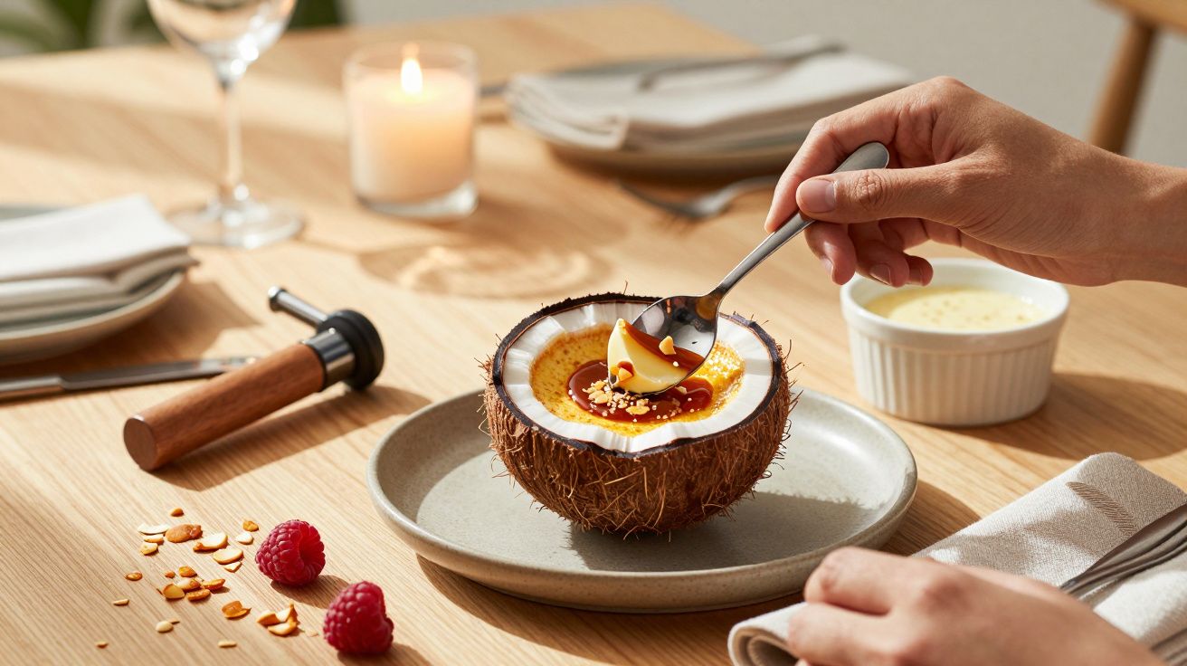Persona usando cuchara para comer postre en cáscara de coco; mesa con velas, frambuesas y utensilios al fondo.