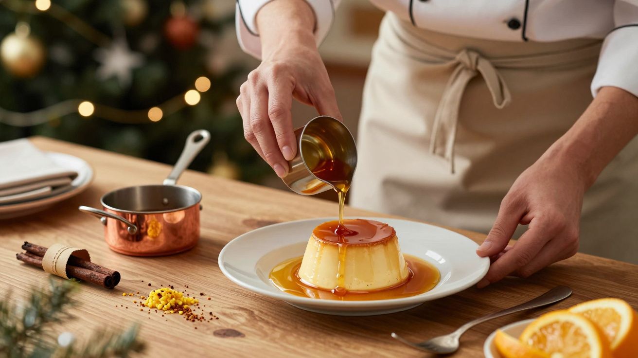 Mano vertiendo caramelo sobre un flan en la mesa, con utensilios y naranjas alrededor.