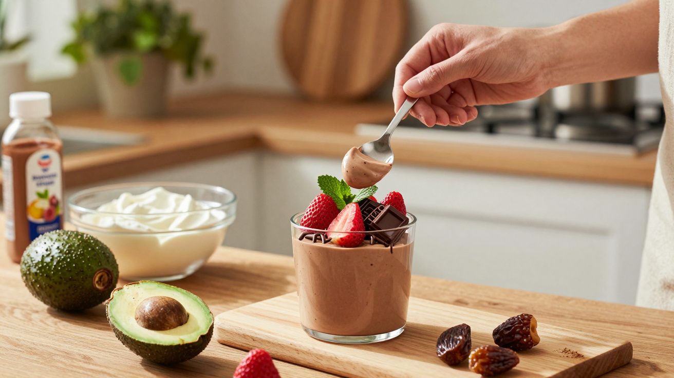 Mano decorando mousse de chocolate con fresas y menta en una cocina, junto a un aguacate y nata montada.
