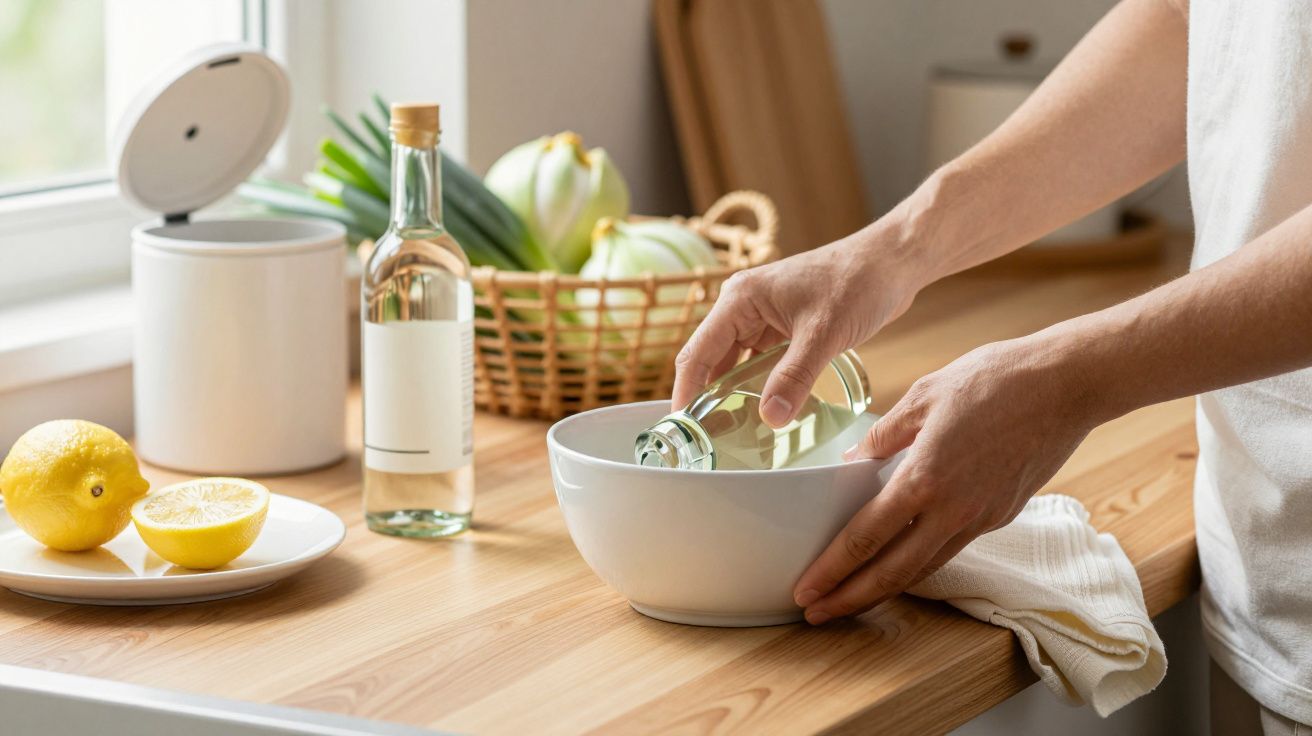 Persona vertiendo líquido en un bol blanco en una cocina con limones y botella sobre la encimera de madera.