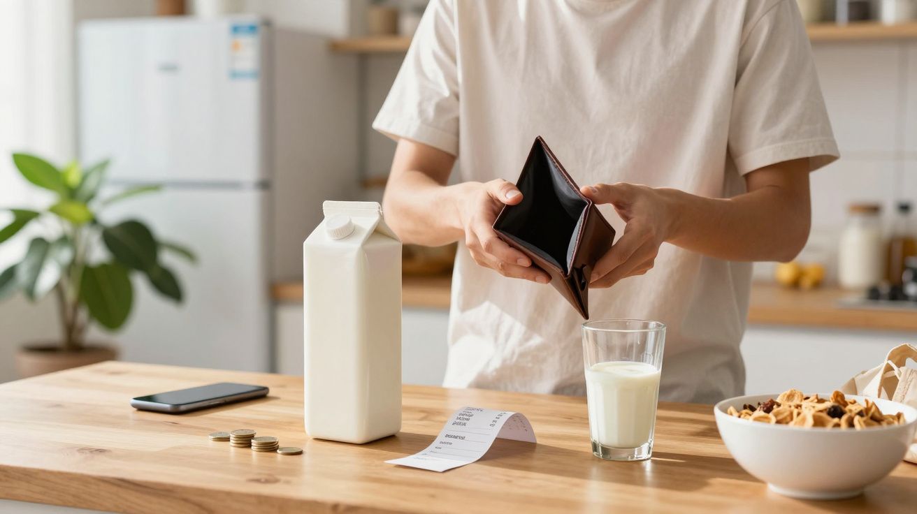 Persona revisa su cartera vacía junto a leche, móvil y monedas en una cocina iluminada.