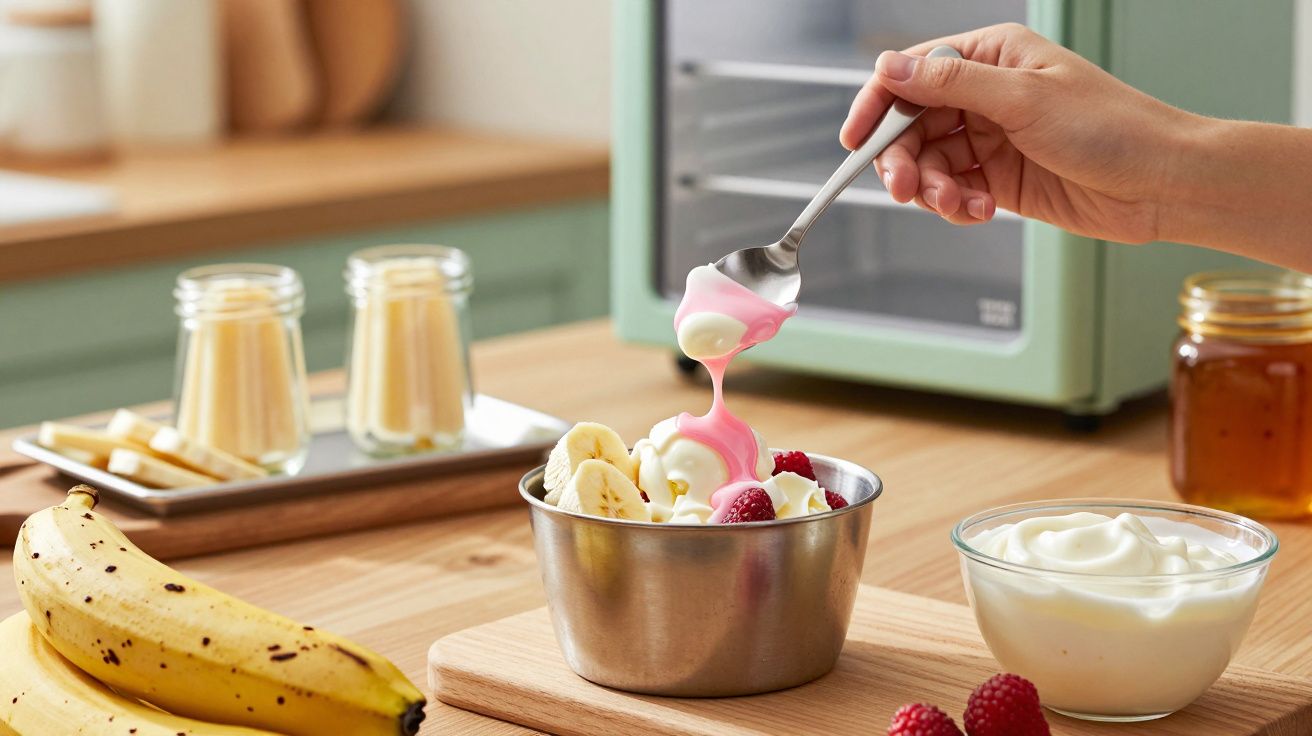 Mano vertiendo yogur sobre un bol de fruta en una cocina, con plátanos y yogurt alrededor.