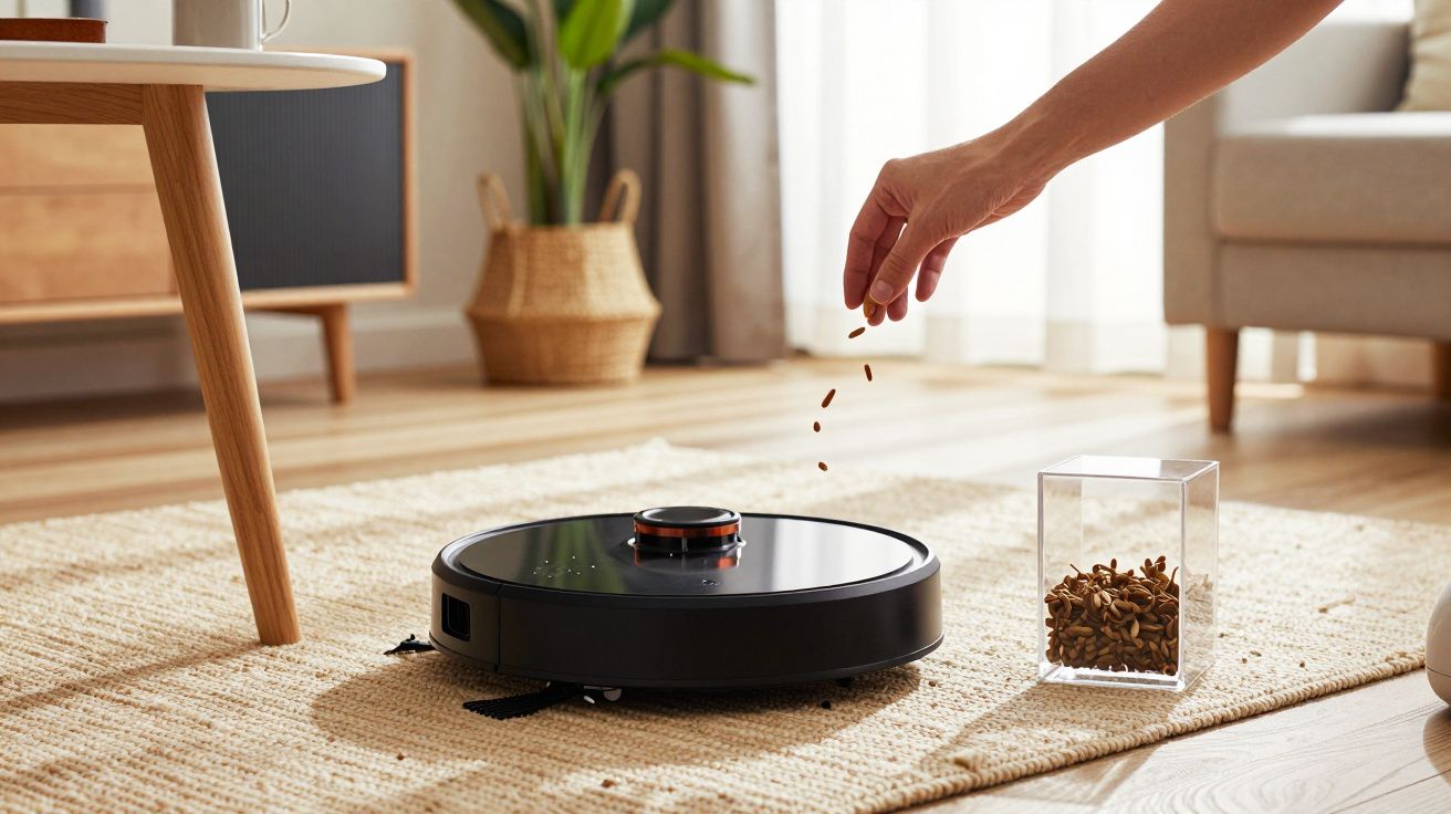 Mano esparciendo granos sobre un robot aspirador en una sala con suelo de madera y alfombra beige.