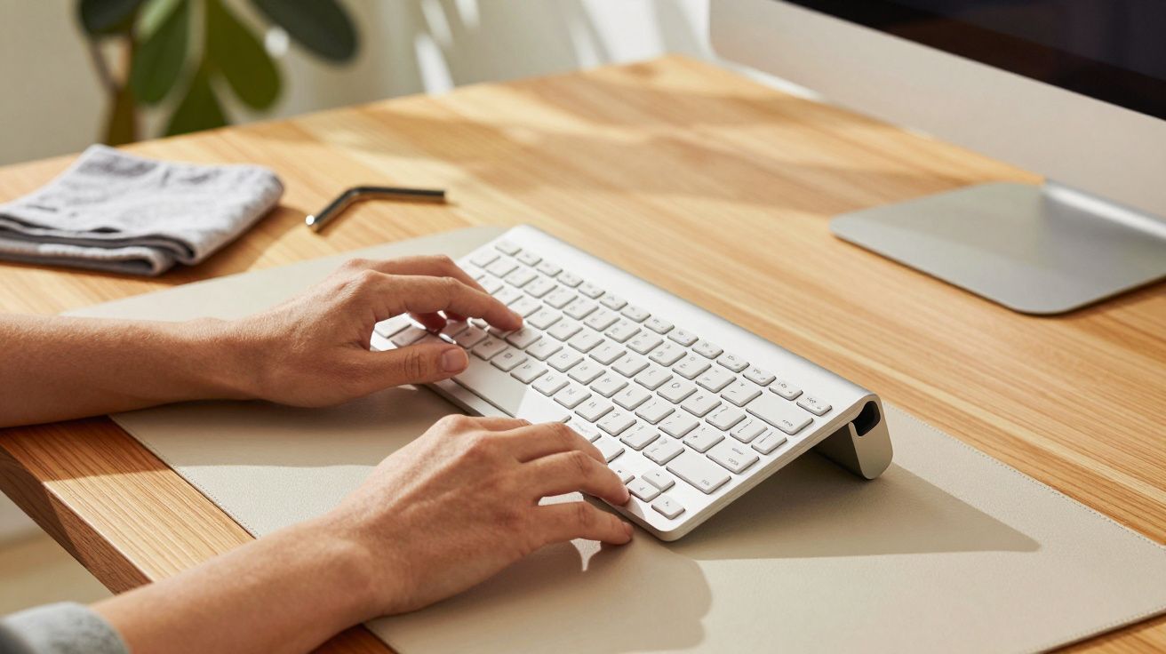 Manos escribiendo en un teclado blanco en un escritorio de madera junto a un ordenador.
