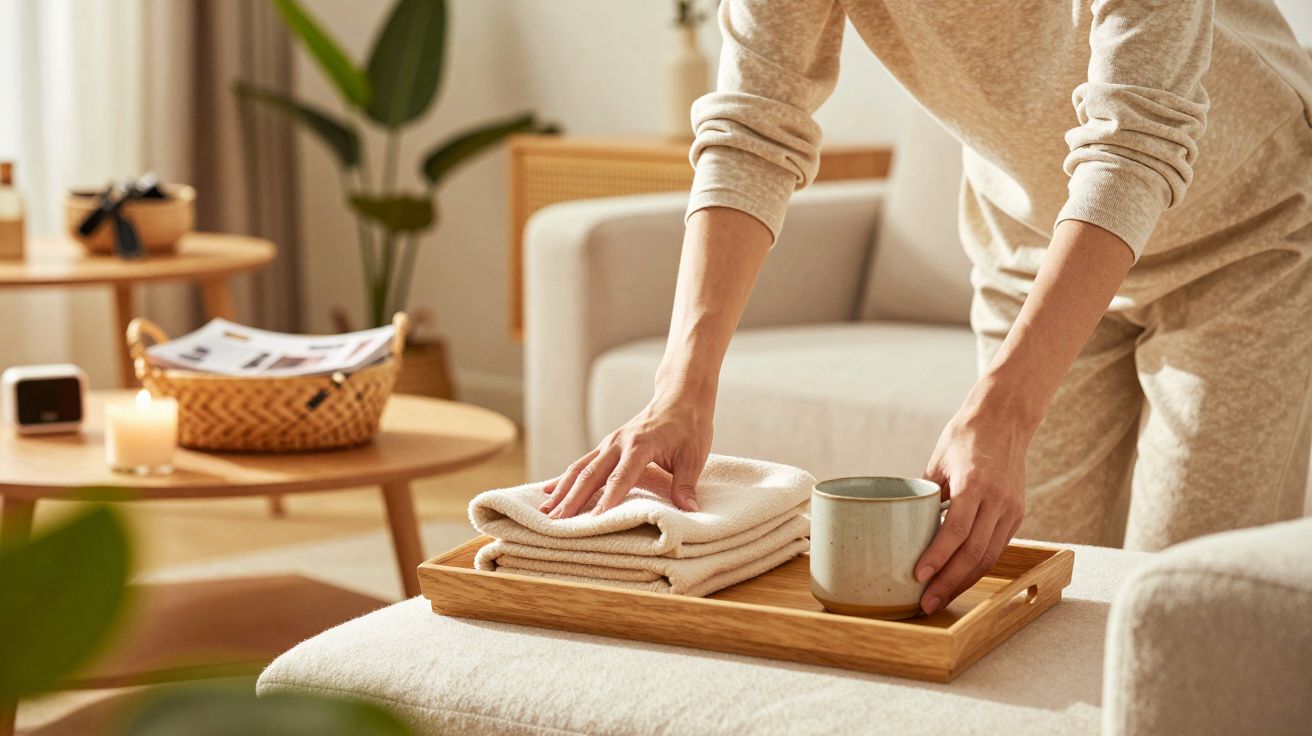 Persona colocando bandeja con taza y toallas en una sala acogedora con plantas y luz suave.