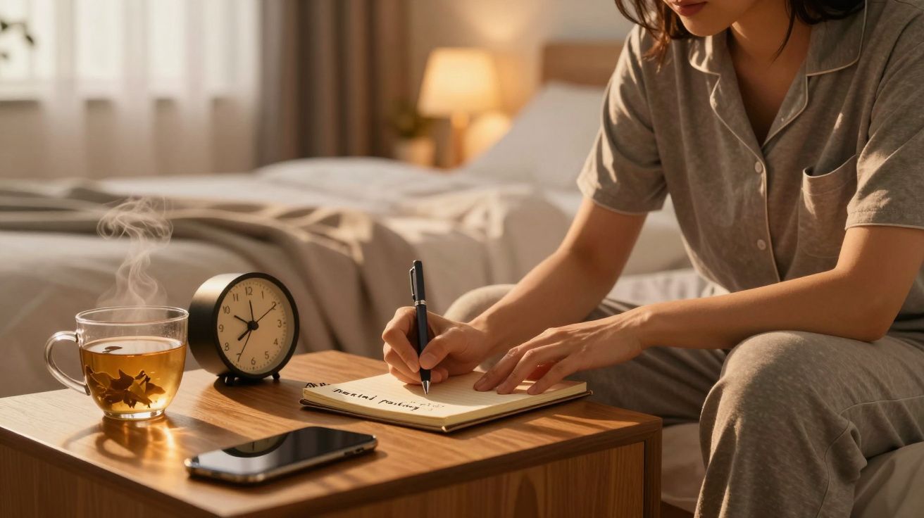 Mujer en pijama escribe en un cuaderno junto a una taza de té caliente y un reloj despertador sobre una mesa.