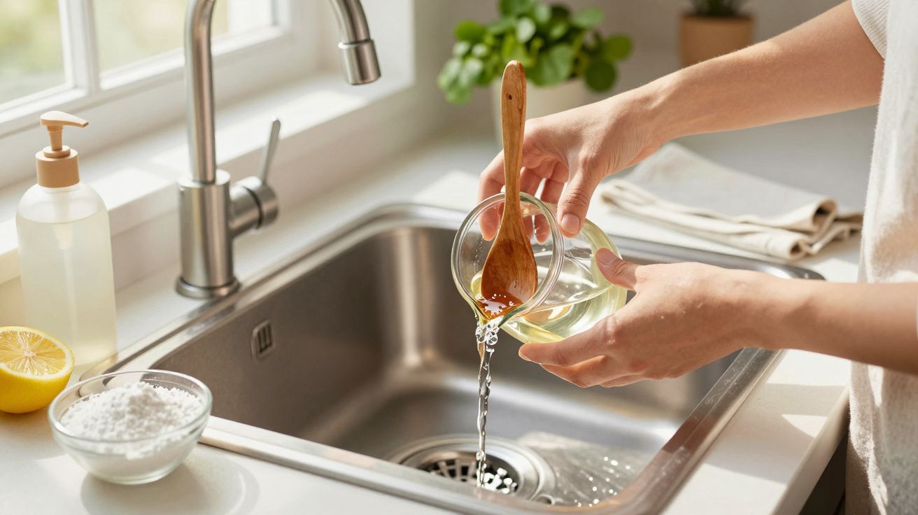 Manos vertiendo líquido en un fregadero con una cuchara de madera. Botella de jabón y limón al lado.