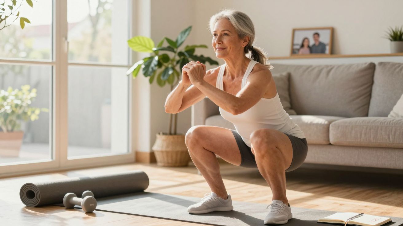 Mujer mayor haciendo ejercicio en casa, realizando una sentadilla en una esterilla junto a una ventana soleada.