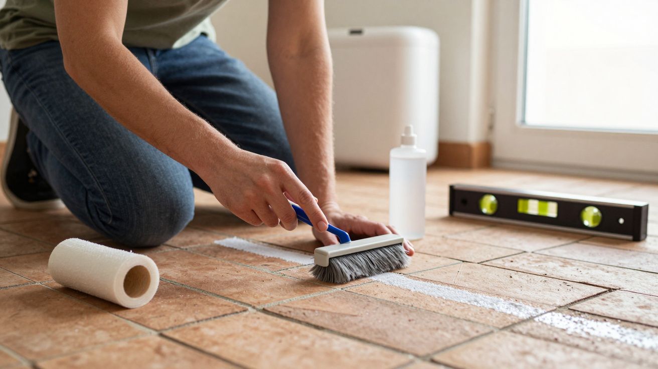Persona limpiando juntas de suelo de baldosas con un cepillo y productos de limpieza. Nivel y rodillo cerca.