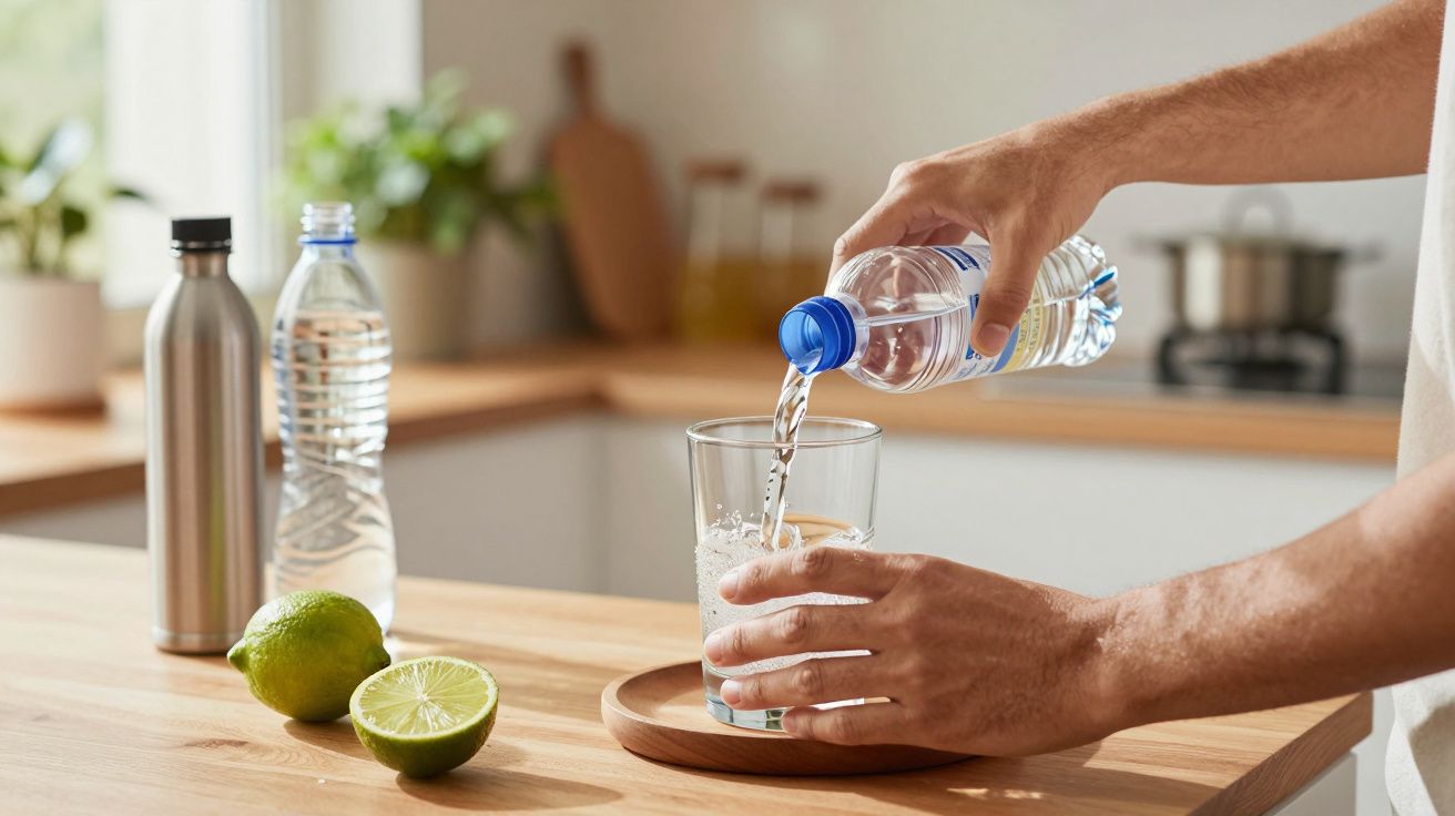 Mano vertiendo agua en un vaso en una cocina, junto a limones y botellas.