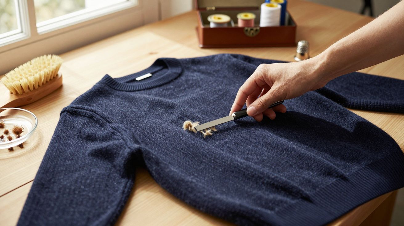 Mano quitando pelusa de un jersey azul con una cuchilla sobre una mesa de madera.