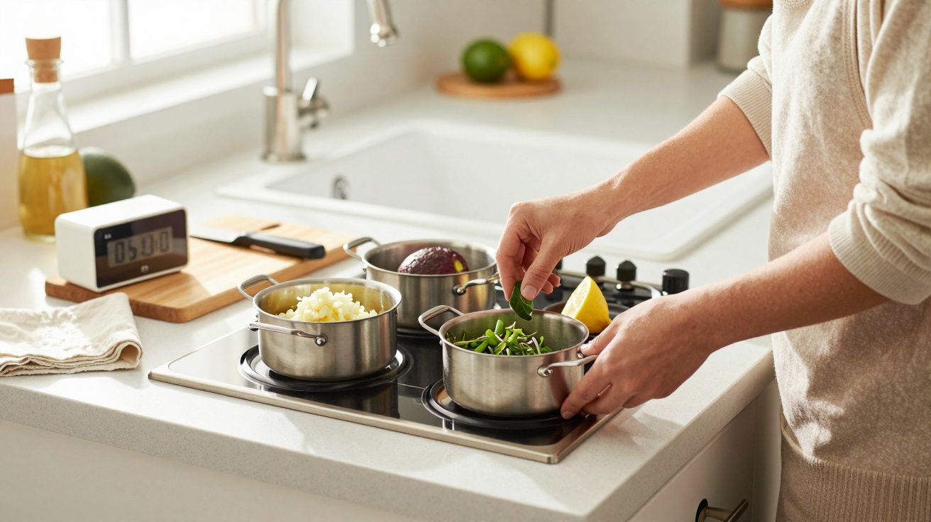 Persona cocinando verduras y arroz en una cocina moderna, con una sartén, reloj y botella de aceite en la encimera.