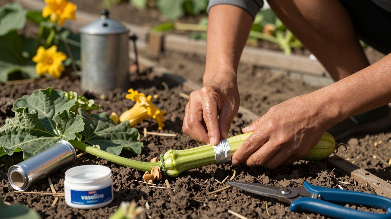 Persona envolviendo un tallo de calabacín en el huerto, con herramientas de jardinería y flores amarillas alrededor.