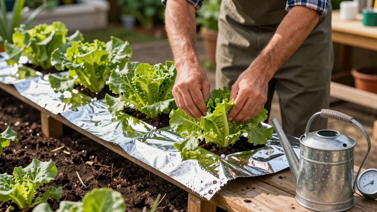 Persona cuidando lechugas en un huerto con regadera de metal, rodeada de otras plantas y herramientas de jardín.