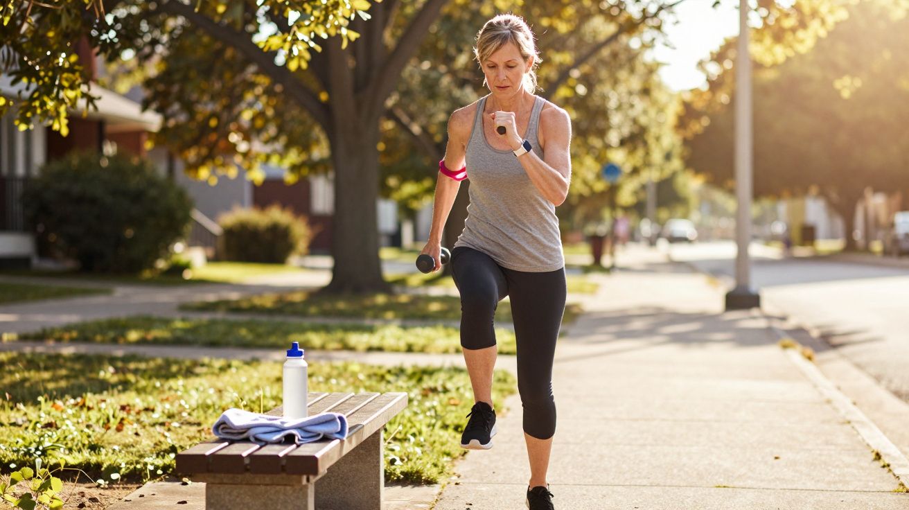 Mujer haciendo ejercicio al aire libre en un parque, levantando una pesa; banco con botella de agua y toalla en primer plano.