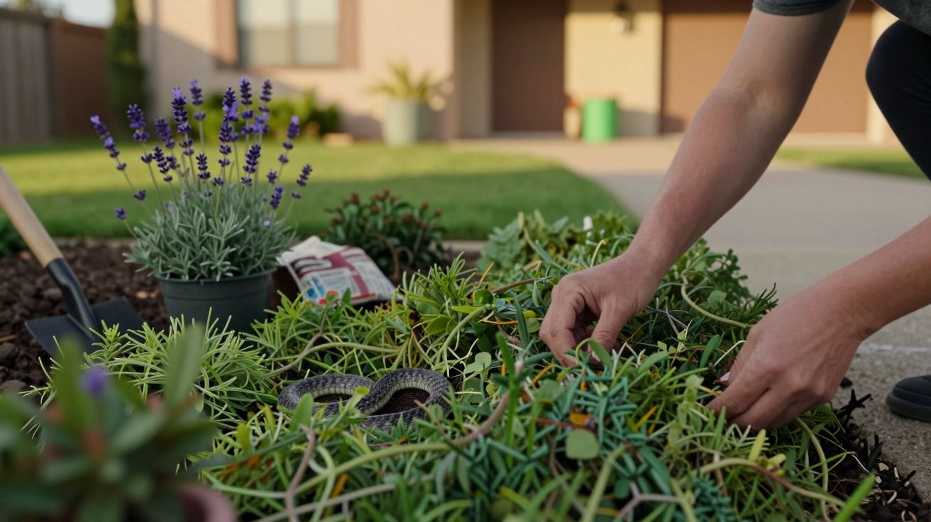 Manos plantando suculentas en un jardín, con lavanda y herramientas de jardinería.