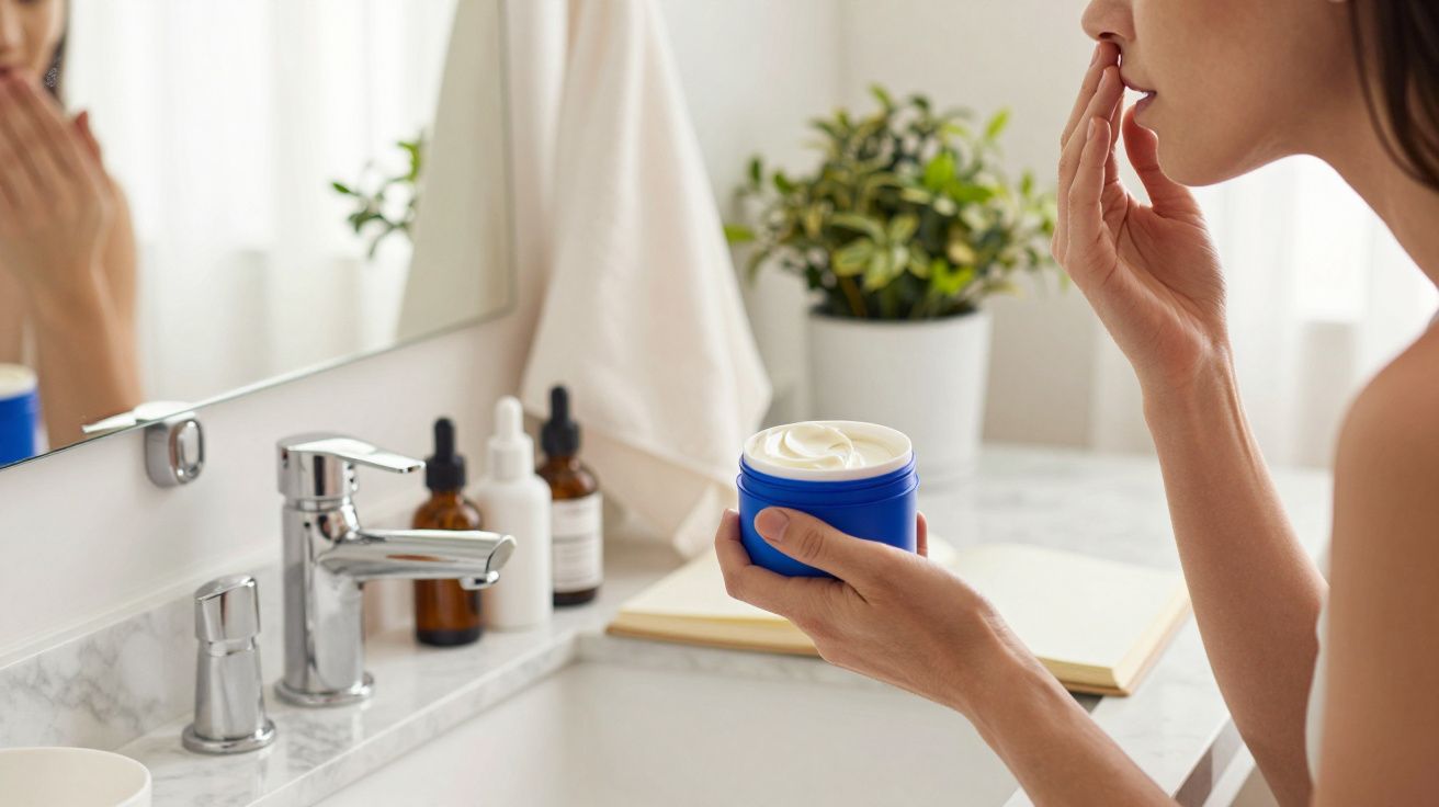 Mujer aplicándose crema de un tarro azul en el baño, frente a un espejo con plantas y productos de cuidado personal.