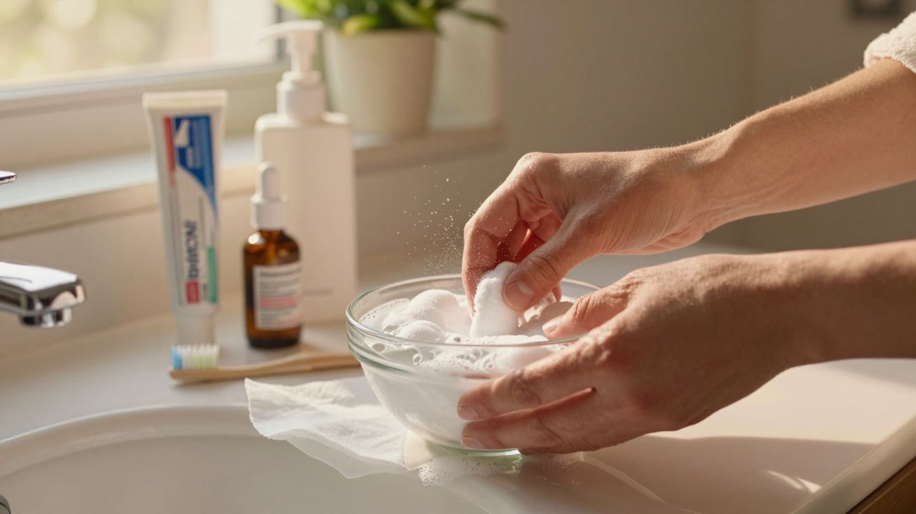 Manos lavando bolas de algodón en un cuenco con jabón en un cuarto de baño.