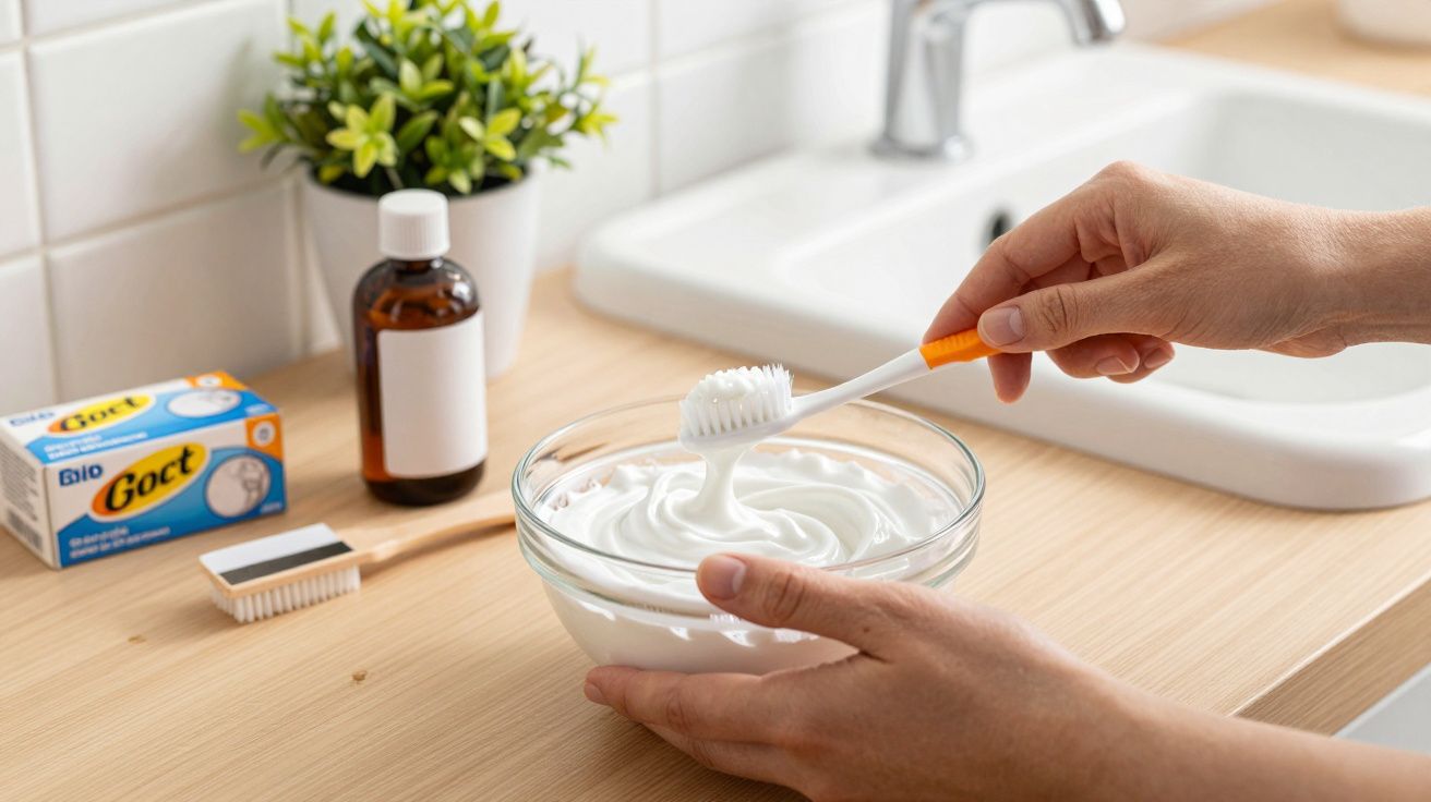 Manos sostienen cepillo en cuenco con crema blanca en baño; bote y planta al fondo.